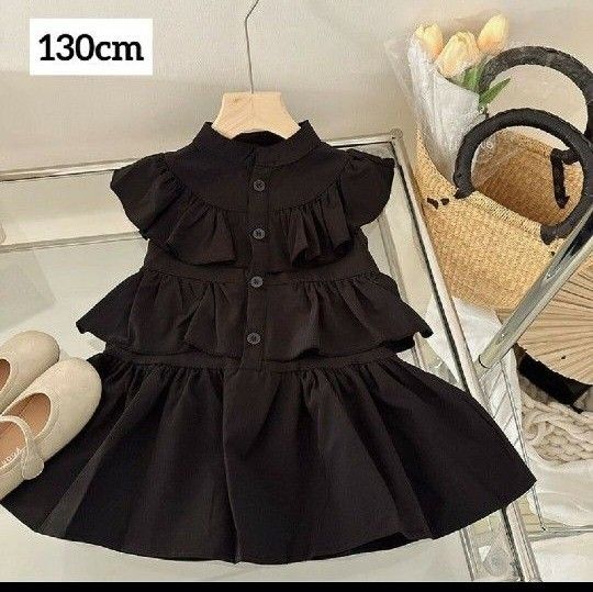 女の子 シャツワンピース 130cm チュニック 黒 キッズ 海外子供服 ブラック ティアード フリル