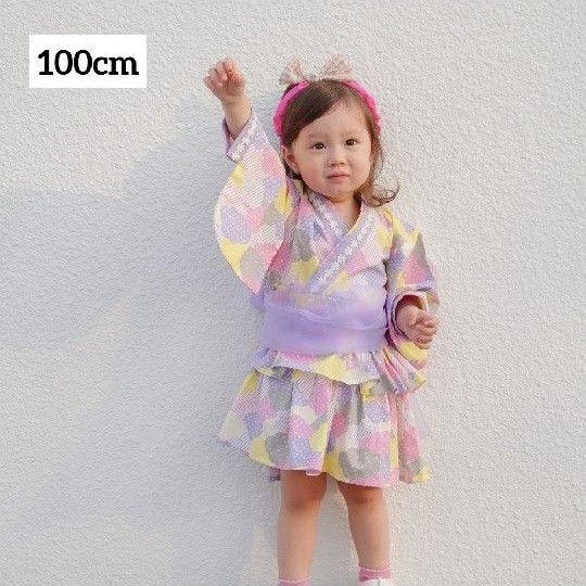 キッズ 浴衣ワンピース 100cm 紫 女の子 パープル 帯 浴衣ドレス フリル