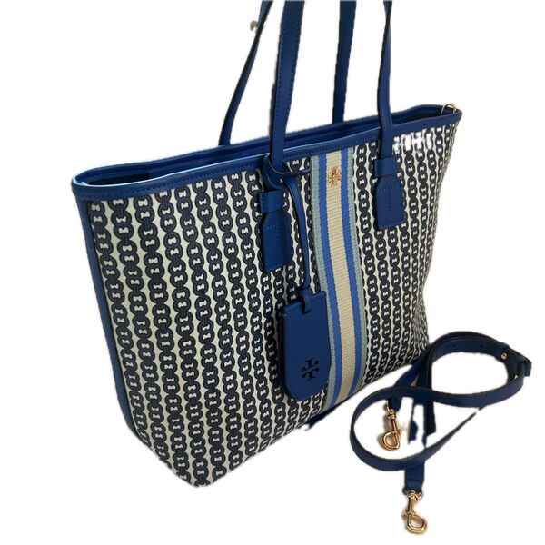 極美品【トリーバーチ】ジェミニリンク 2way ショルダーバッグ レザー 青 トートバッグ TORY BURCH 総柄