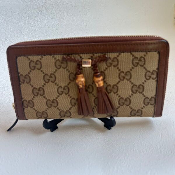 【GUCCI】 グッチ ラウンドファスナー 長財布 キャンバス GG ウォレット フリンジ付き バンブー付き 財布 ブラウン系