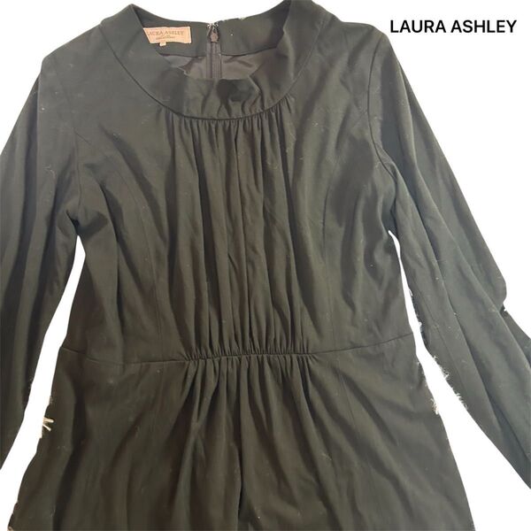 LAURA ASHLEY ローラアシュレイ タック ギャザー ワンピース ブラック 黒 長袖 裏地付き レディース M〜L 膝丈
