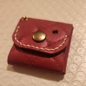 牛革 キルト柄型押し 濃ピンク ミニミニ小銭入れ ハンドメイド