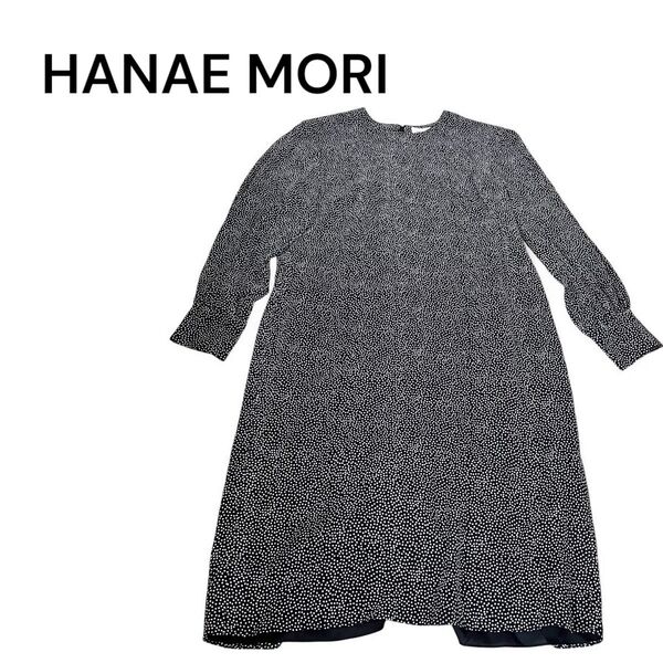 美品 HANAE MORI ハナエモリ レディース ワンピース ドット柄 黒 ブラック ポリエステル 9A3 着丈96cm 長袖