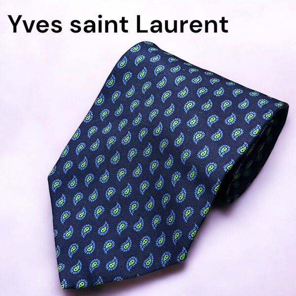 美品 Yves saint Laurent イヴサンローラン YSL シルクネクタイ 総柄 ネイビー メンズ ビジネス フォーマル