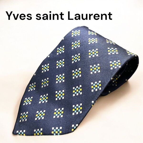 美品 Yves saint Laurent イヴサンローラン YSL シルクネクタイ 総柄 ネイビー メンズ ビジネス フォーマル