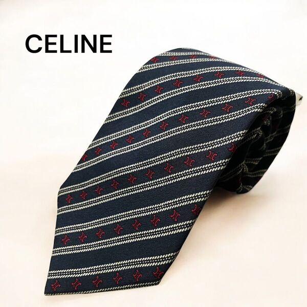 CELINE セリーヌ ネクタイ メンズ トリオンフ柄 総柄 ストライプ シルク 大剣9cm ネイビー 美品 ビジネス フォーマル