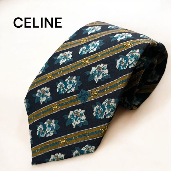 CELINE セリーヌ メンズ ネクタイ フラワー柄 ストライプ 総柄 シルク100% ネイビー系 大剣幅8cm 美品 ビジネス