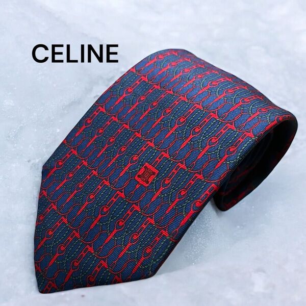 美品 CELINE セリーヌ メンズ ネクタイ ネイビー レッド 大検8 シルク 総柄 トリオンフ ビジネス フォーマル シャツ