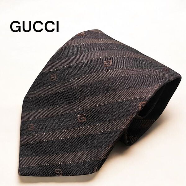 GUCCI グッチ ネクタイ メンズ Gロゴ ストライプ柄 ダークブラウン シルク 大剣幅9cm 美品 正規品 総柄 イタリア製