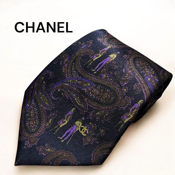 美品 CHANEL シャネル ネクタイ ペイズリー柄 パープル系 シルク 大剣幅10cm メンズ ビジネス スーツ 光沢 総柄