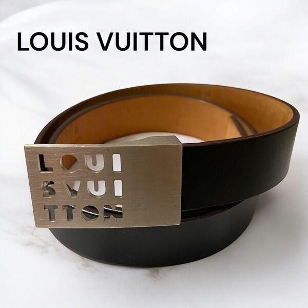 LOUIS VUITTON ルイヴィトン サンチュール LST ベルト 黒 レザー ロゴバックル 良品 メンズ 本革 LB0051