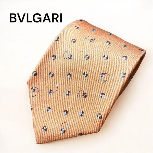 美品 BVLGARI ブルガリ メンズ ネクタイ セッテピエゲ オレンジ系 シルク100% 大剣幅10cm 高級 総柄 ビジネス
