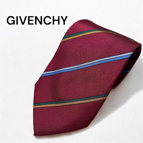 極美品 GIVENCHY ジバンシー メンズ ネクタイ ボルドー系 ストライプ柄 シルク 大剣幅8cm 新品タグ付き 高級ブランド