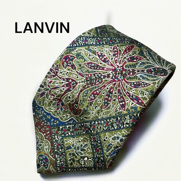 LANVIN ランバン メンズ ネクタイ グリーン系 シルク100 ボタニカル柄 大剣幅8.5cm 美品 ブランド ビジネス 通勤