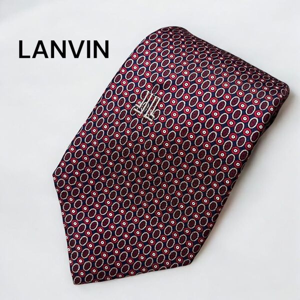 LANVIN ランバン ネクタイ ボルドー系 赤系 小紋柄 シルク 高級感 大検8.5cm 美品 メンズ ビジネス シャツ 通勤