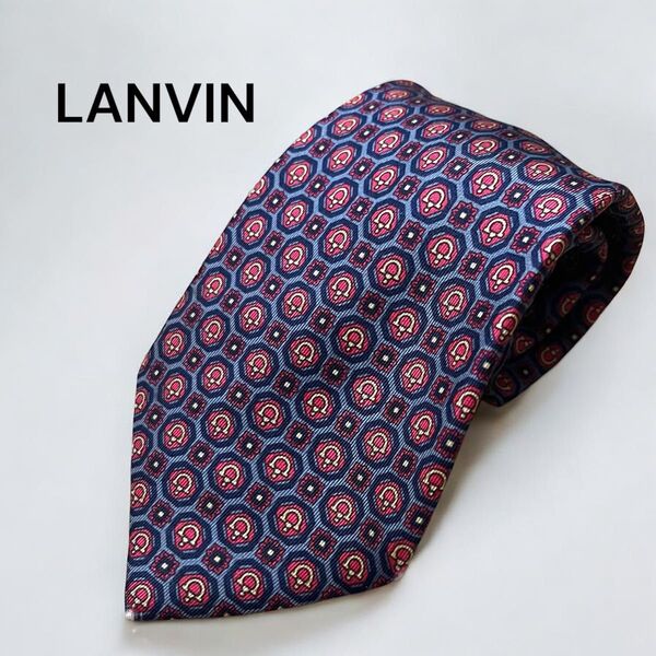 LANVIN ランバン ネクタイ パープル系 パターン柄 総柄 シルク100% 大剣幅8.5㎝ メンズ 美品 ビジネス フォーマル