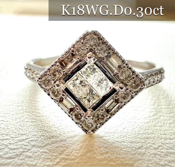 お値下げ◆3種カットダイヤモンド◆K18WG*8号*バケットカットダイヤモンドリング*指輪
