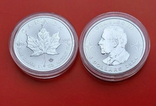 2024年メイプルリーフ銀貨1オンスカプセルケース入2枚組