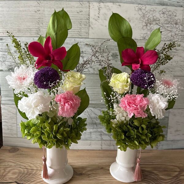 プリザーブドフラワー仏花1対 パープルホワイト系 花器付き 枯れない花 お供え花