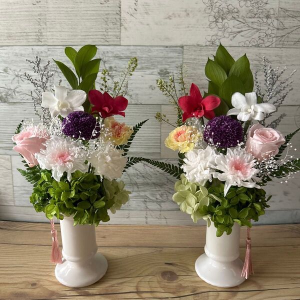 プリザーブドフラワー仏花1対 ホワイトパープル系 花器付き 枯れない花 可愛い