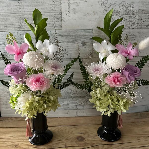 プリザーブドフラワー仏花1対 ホワイトピンク系 花器付き 枯れない花 お供え