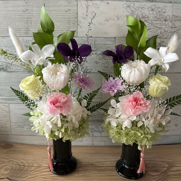 プリザーブドフラワー仏花1対 ホワイトパープル 花器付き 枯れない花