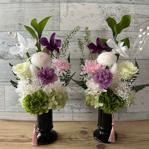 プリザーブドフラワー仏花1対 ホワイトパープル 花器付き 枯れない花