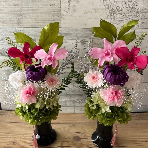 プリザーブドフラワー 仏花1対 ピンクパープル系 花器付き 枯れない花 お供え