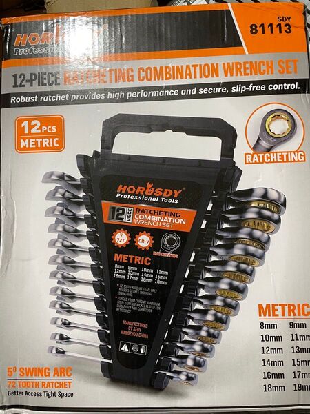 HORUSDY メトリックラチェットレンチセット、12本、8-19mm、サビ・色褪せ防止、収納ケース付き