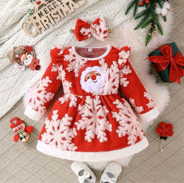 コスプレ ドレス 子供 女の子 ワンピース ヘッドバンド付き クリスマス 仮装 サンタ 雪の結晶柄 衣装 size9-12