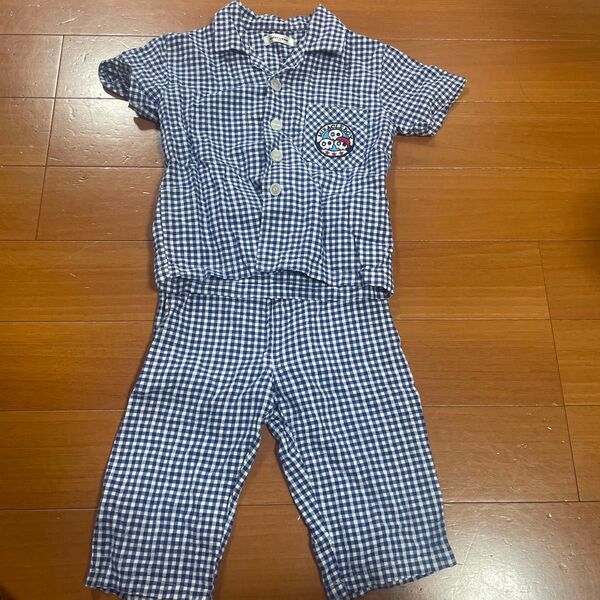 パジャマ 100cm ボタン ギンガムチェック 青 上下セット ルームウェア キッズ服 綿