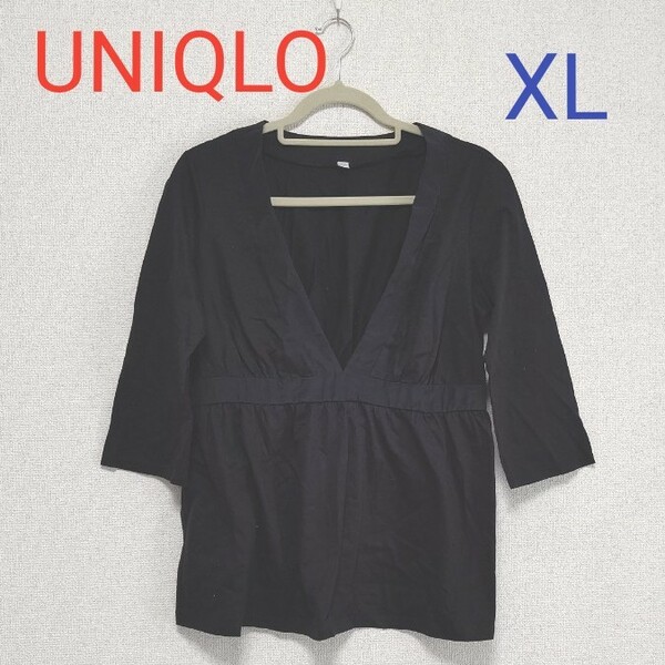 UNIQLO レディース カットソー チュニック Vネック 七分袖 黒 XL