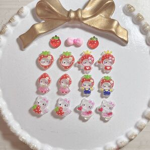 キティちゃん 赤 ピンク イチゴ ネイルパーツ 12個セット(3個パーツおまけ)