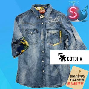 GOTCHA 七分袖 薄手デニム調シャツ 豪華刺繍ボタニカルデザイン