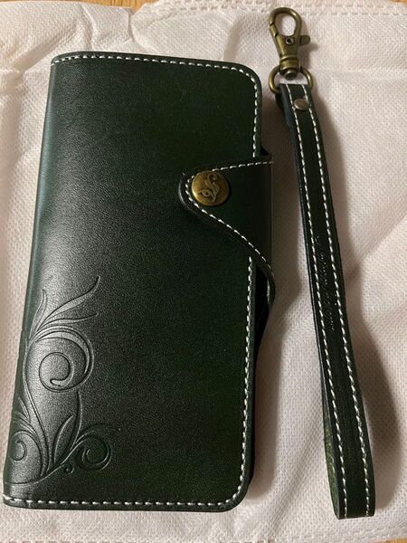 【未使用品】 iPhone X XS 手帳型レザーケース Smart Leather グリーン 本革