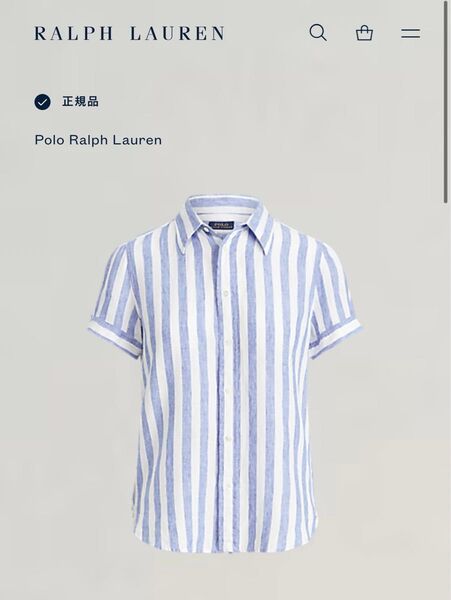 ポロラルフローレン 麻100% リネン ストライプシャツ パフスリーブ 現行タグ QR POLO Ralph Lauren ブルー