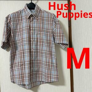 【美品】Hush Puppies ブルーメイト メンズ 半袖チェック柄シャツ カジュアルシャツ 綿100% M