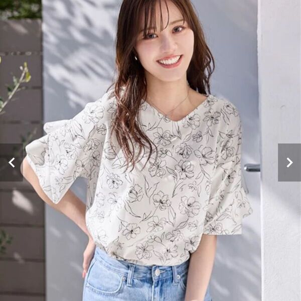新品 花柄 白 フリル トップス Vネック UV対策 吸水速乾 接触冷感 抗菌防臭 ストレッチ