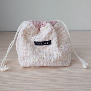 刺繍生地 花柄(クリーム) 小さめ巾着