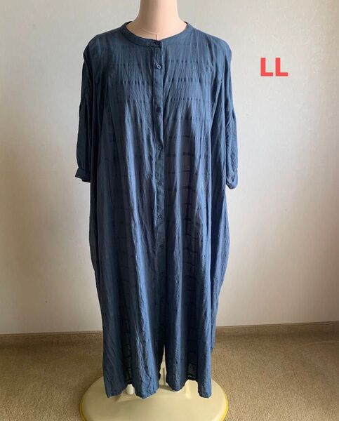 isoLaine バンドカラー ギャザー ロングワンピース LL