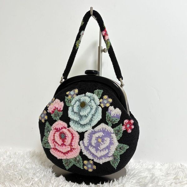 【美品】 ビーズバッグ フォーマル ミニバッグ 総ビーズ 花柄 和装バッグ