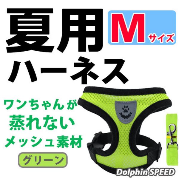 ハーネス《 グリーン/ Mサイズ 》犬 夏用 蒸れないメッシュ素材 ベストタイプ リード付 胴輪 首輪 ペット