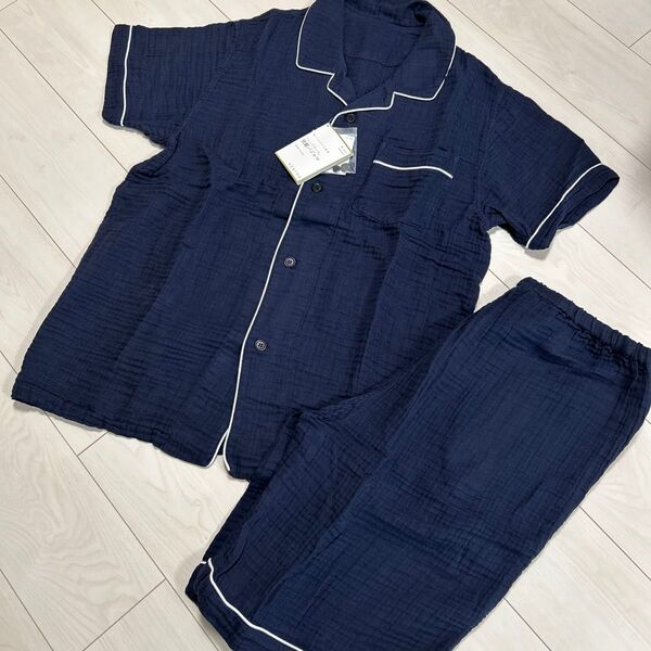 新品/メンズパジャマ/Mサイズ/メイビー/紺/内野/UCHINO/半袖/半ズボン/綿100%/クレープガーゼ快眠パジャマ