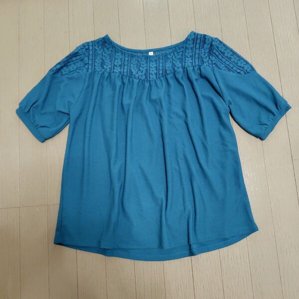 半袖カットソー Tシャツ Mサイズ レース 青緑色 トップス ブラウス