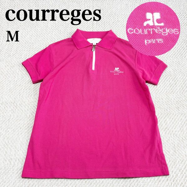 courreges クレージュ 半袖ポロシャツ ハーフジップ 刺繍ロゴ y2k レトロ ピンク M