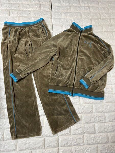 00s PUMA プーマ ベロア トラックジャケット ジャージ 上下 M カーキ セットアップ プーマ スウェット