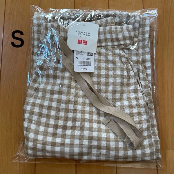 ユニクロ UNIQLO プリンセスタムタム シアサッカーイージーパンツ ベージュ S チェック柄