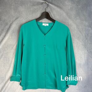a101【レリアン】【超美品】【鮮やか】Leilian グリーン系 9号 ノーカラーシャツ 薄手 サラサラ