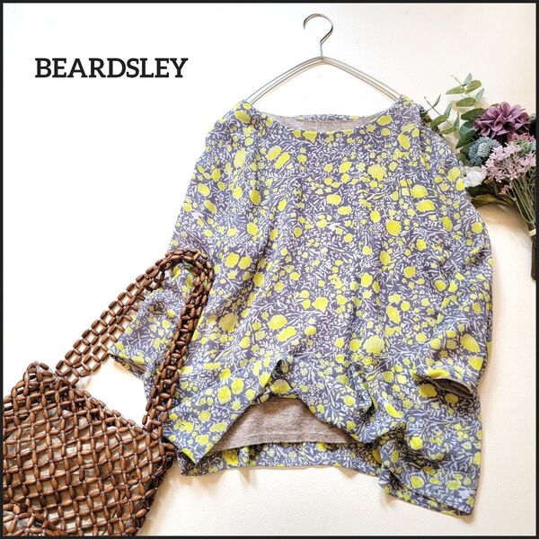 【値段交渉お気軽に♪】ビアズリー●リバーシブル2way♪花柄ブラウス&スリット入りリネン春ニット/美品 綿麻 総柄 キレイめ