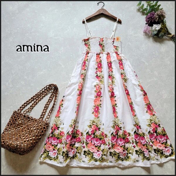 【値段交渉お気軽に♪】アミナ/チャイハネ●新品未使用タグ付き♪インド綿花柄ロング丈キャミワンピース 民族 アジアン エスニック